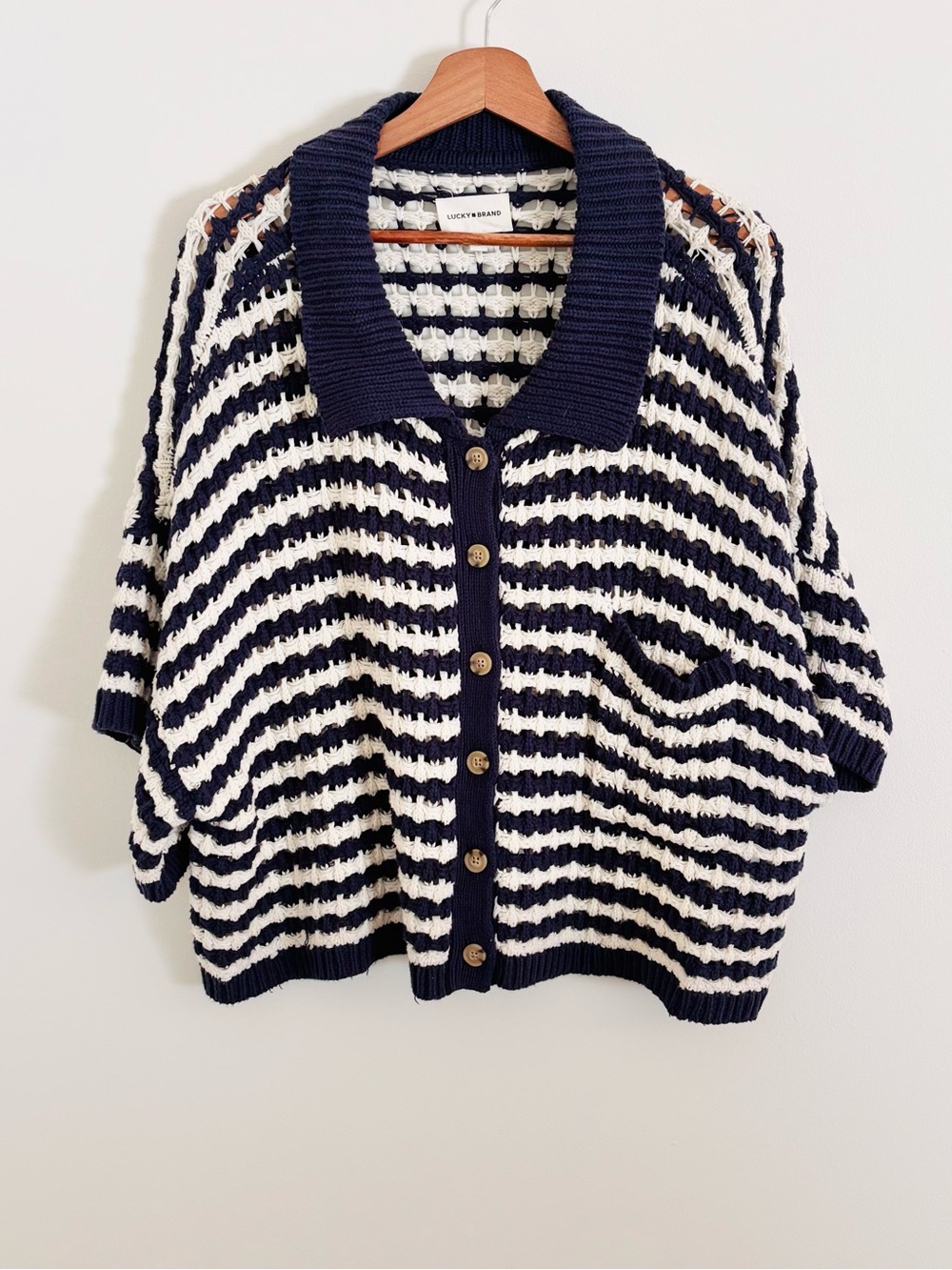 Lucky Brand Short-Sleeve Button-Front Crochet Top in Navy & Cream Stripe